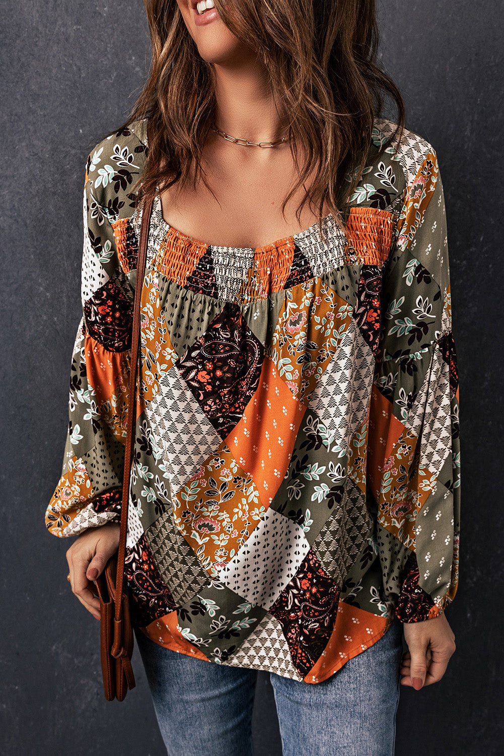 Green Floral Square Neck Boho Blouse