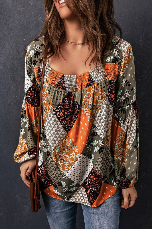 Green Floral Square Neck Boho Blouse