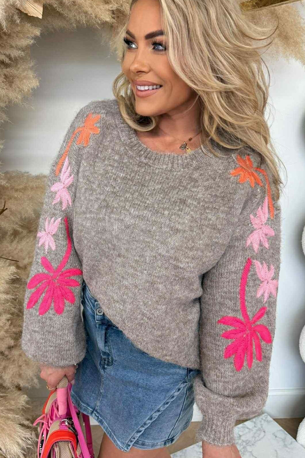 Simply Taupe Embroidered Floral Sleeve Round Neck Loose Sweater