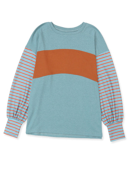 Green Striped Colorblock Bishop Sleeve Top