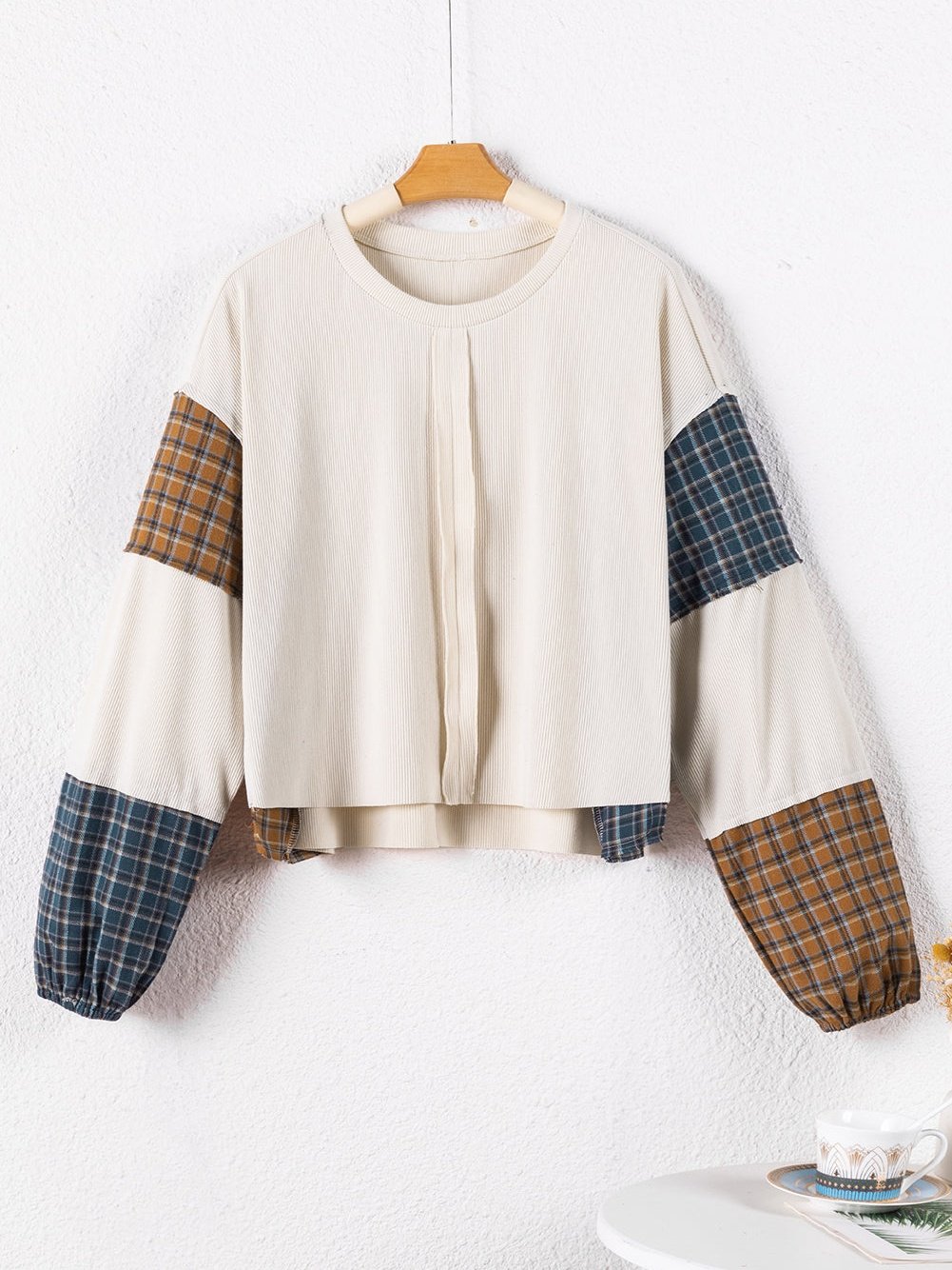 Gray Tartan Patchwork Distressed Long Sleeve Blouse