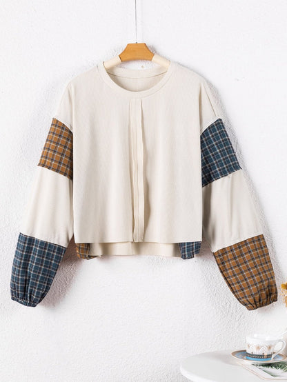Gray Tartan Patchwork Distressed Long Sleeve Blouse