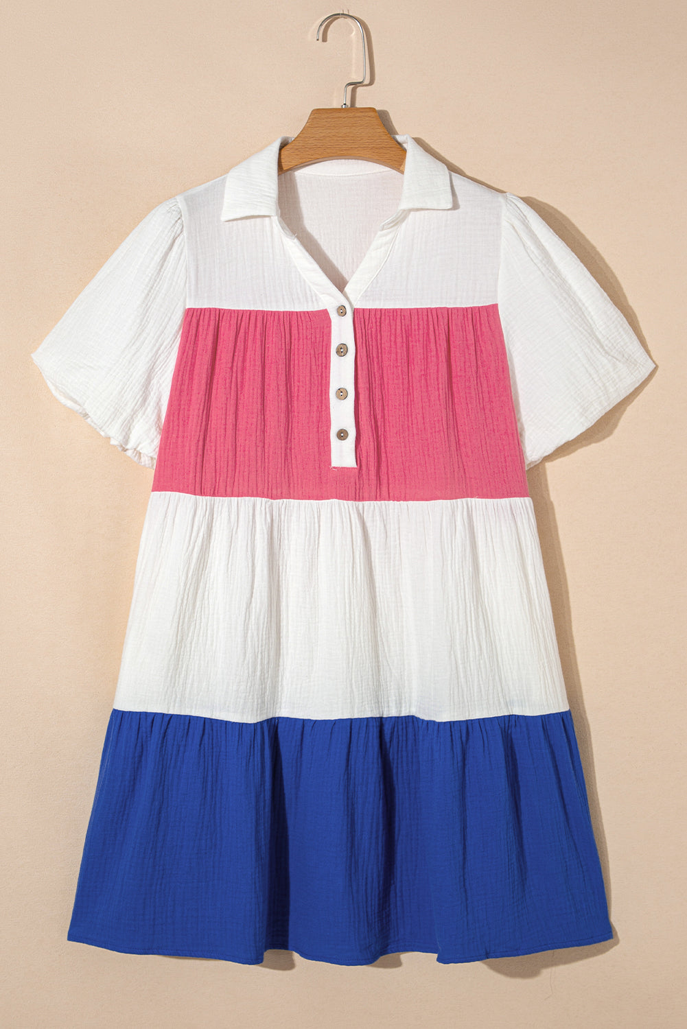 White Crinckle Colorblock Puff Sleeve Buttons Babydoll Dress
