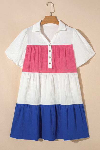 White Crinckle Colorblock Puff Sleeve Buttons Babydoll Dress
