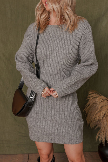 Gray Ribbed Knit Long Sleeve Crewneck Slim Fit Sweater Dress