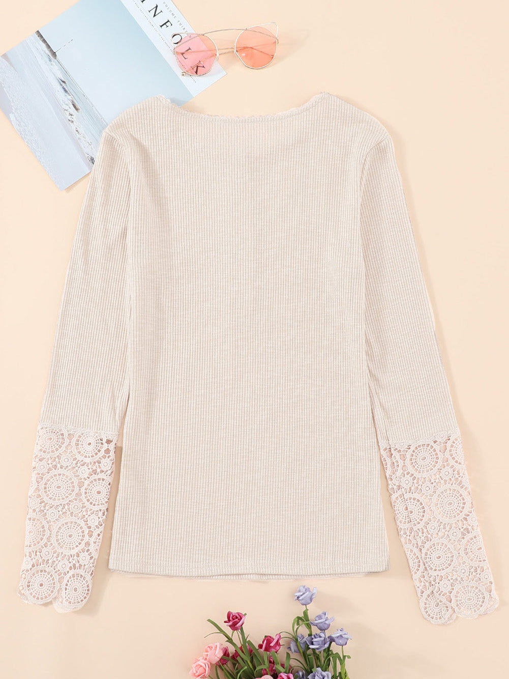 Beige Crochet Lace Sleeve Button Detail Top