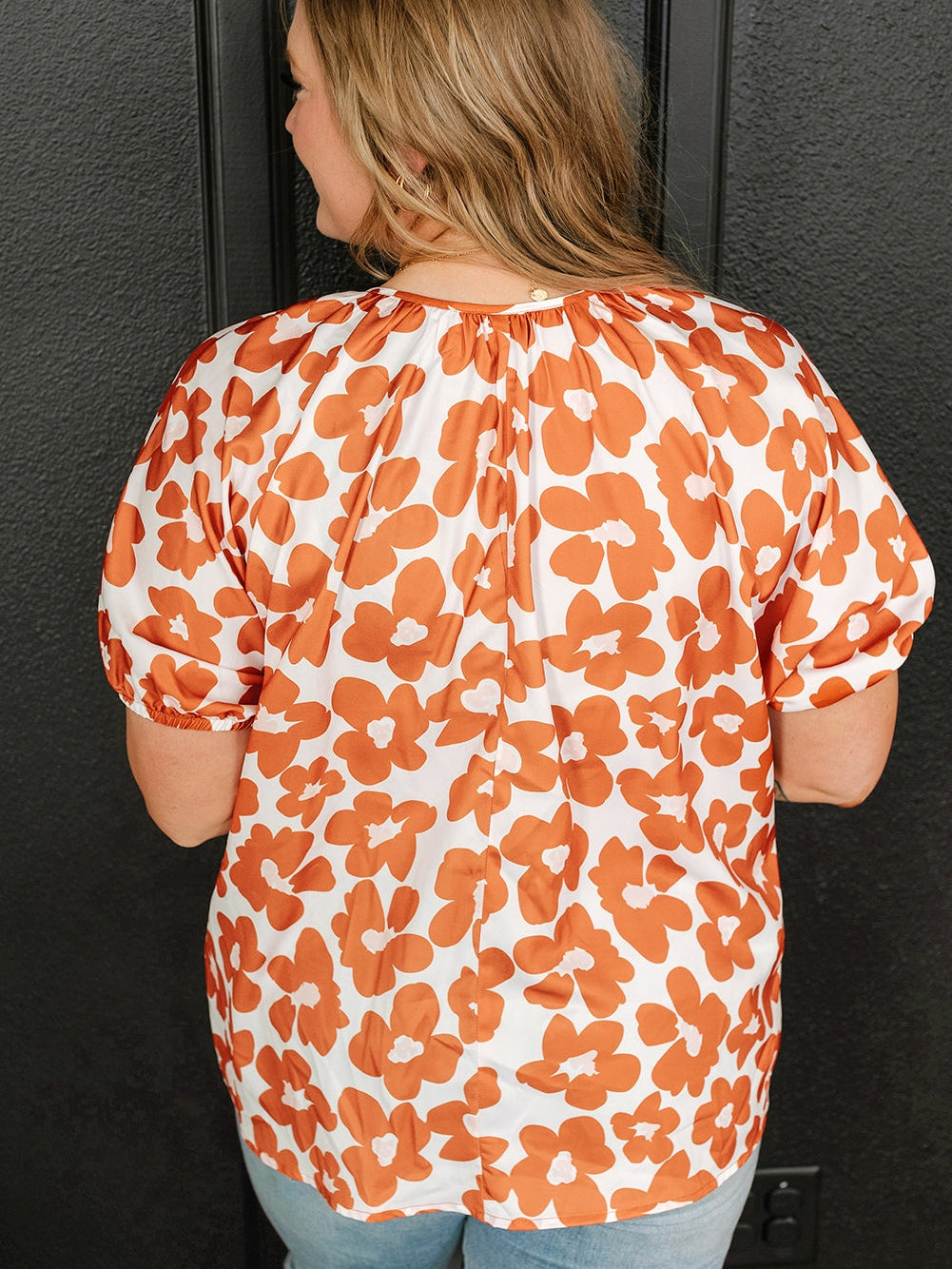Orange Floral Print Plus Size V Neck Short Sleeve Blouse with Drawstring