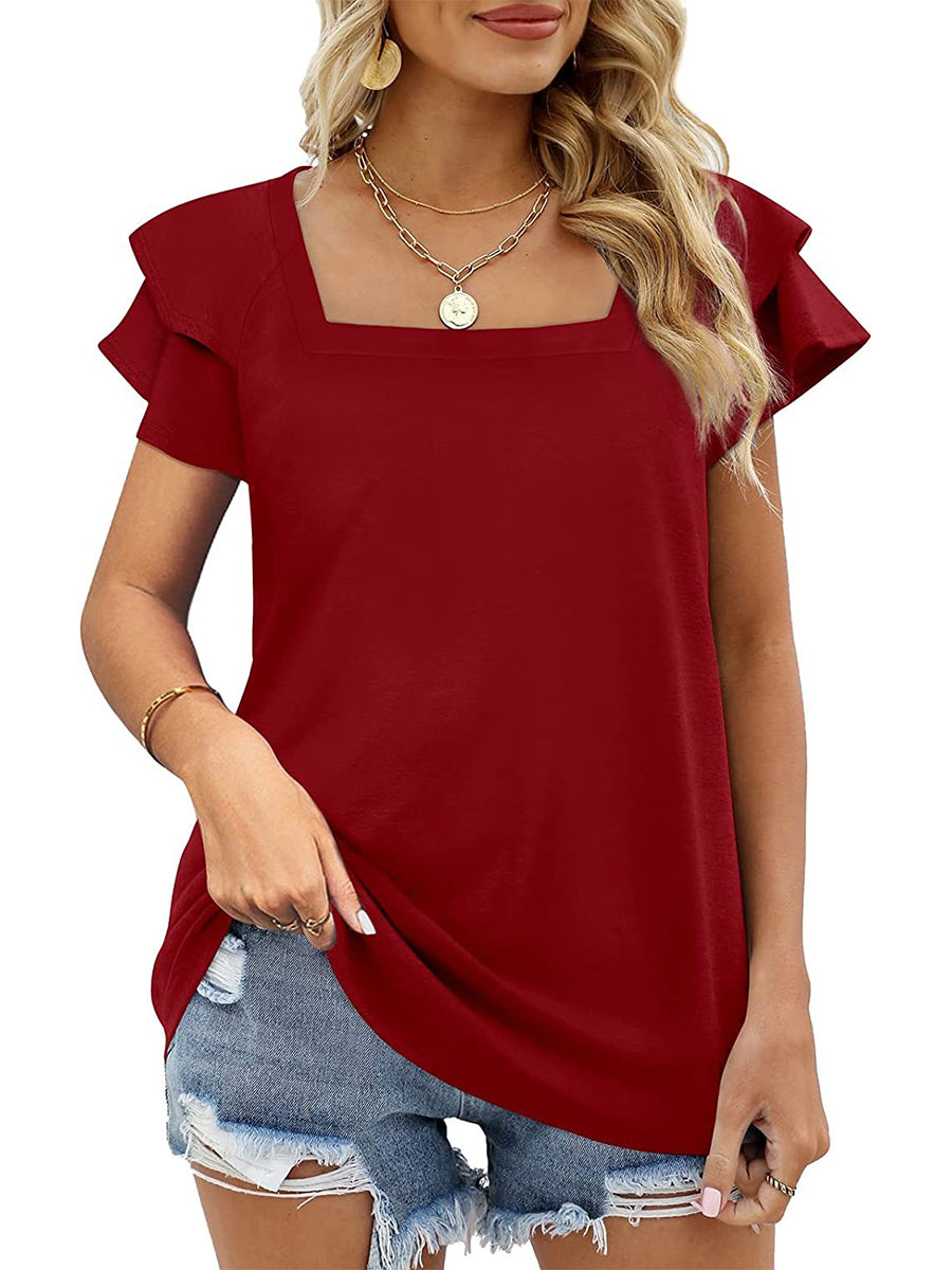 T-Shirts - Solid Color Square Neck Double Layer Petal Sleeve T-Shirt - MsDressly