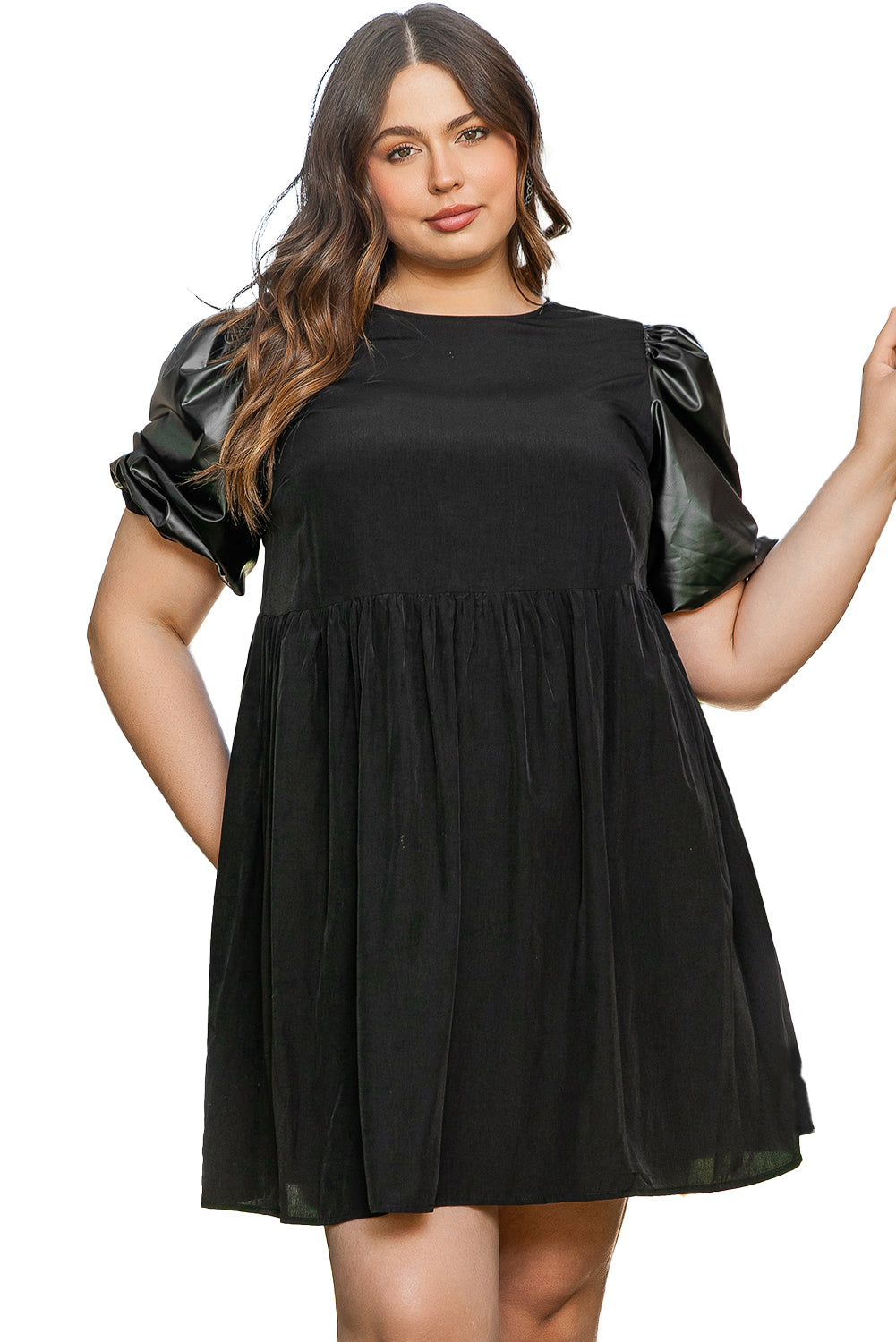 Curvy Black Swing Dress with Half Puff Sleeves