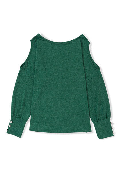 Green Buttoned Cold Shoulder Long Sleeve Top