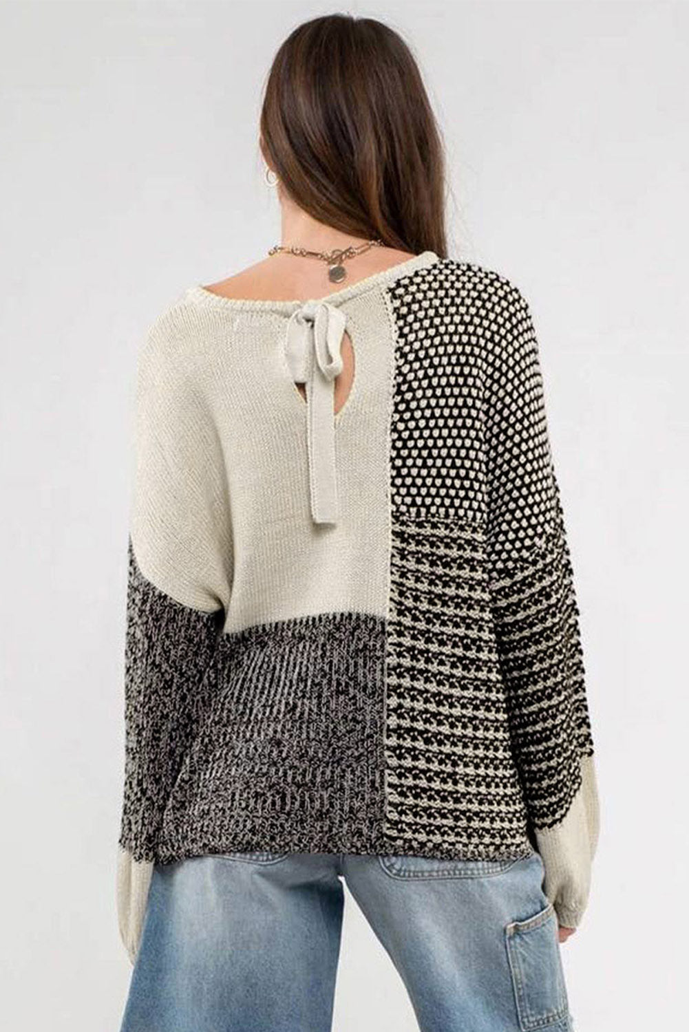 Elegant Black Patchwork Tie-Back Sweater