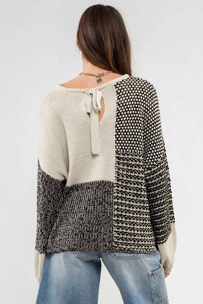 Elegant Black Patchwork Tie-Back Sweater