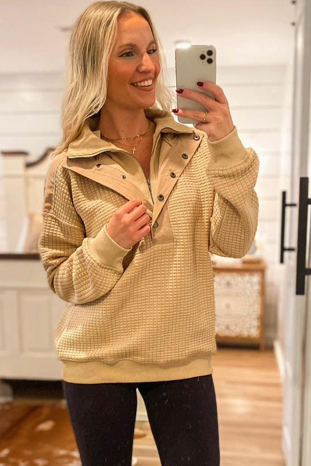 Tan Button Zip Double Collar Patchwork Waffle Textured Hoodie