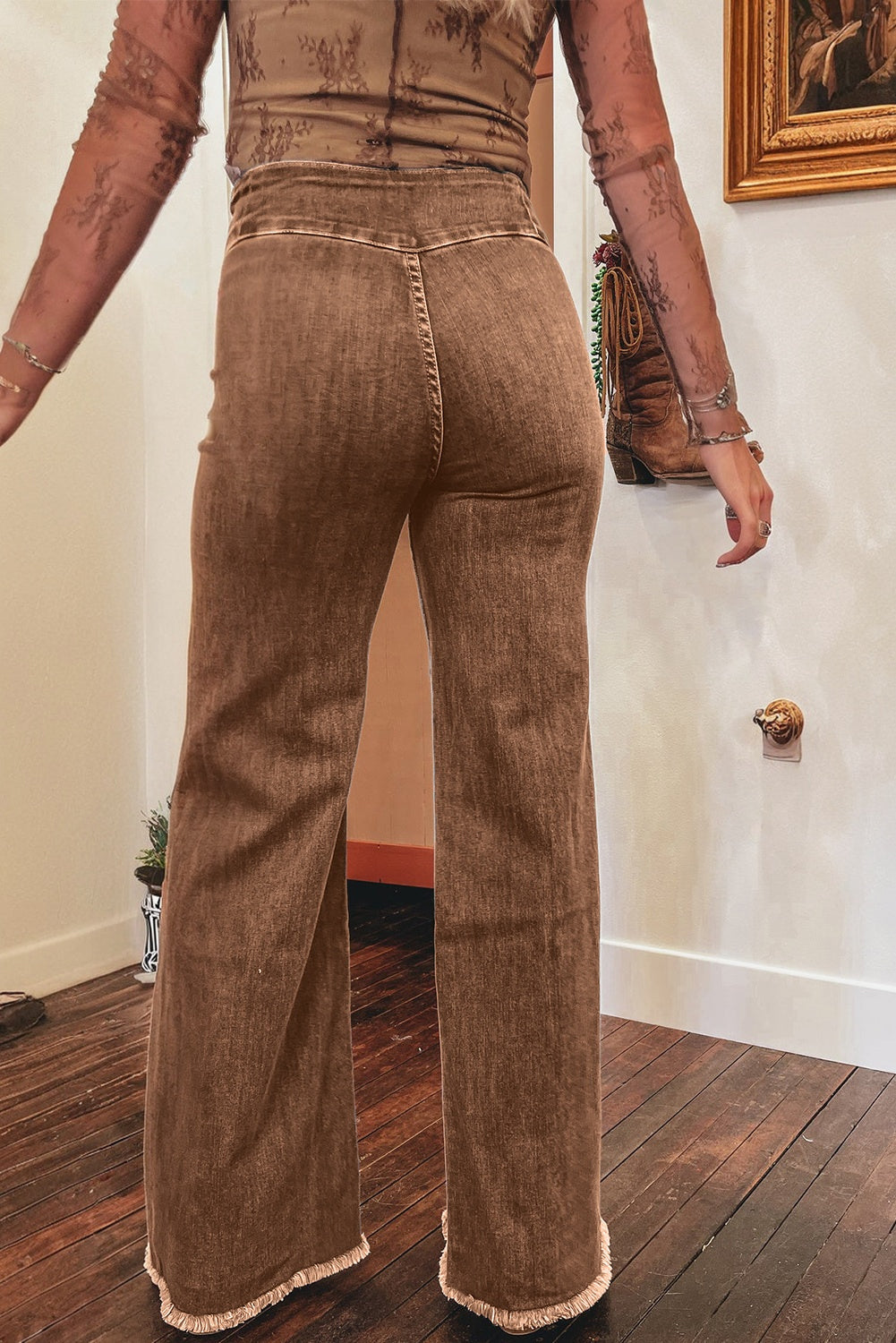 Coffee High Waist Button Fly Seamed Raw Hem Flare Jeans