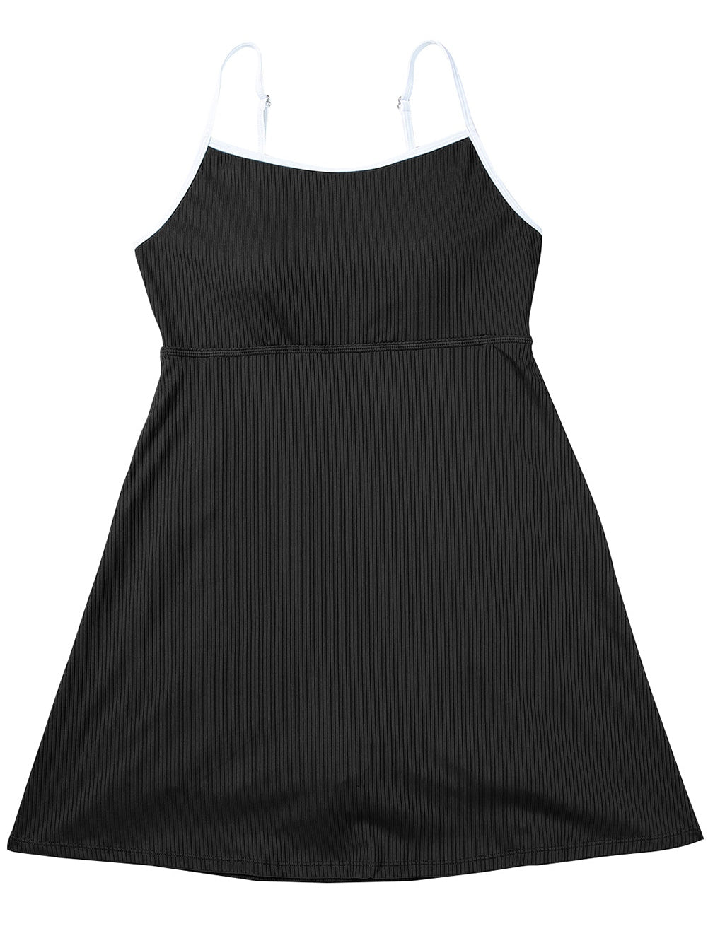 Sporty Black Ribbed Spaghetti Straps Swimdress with Flared Silhouette
