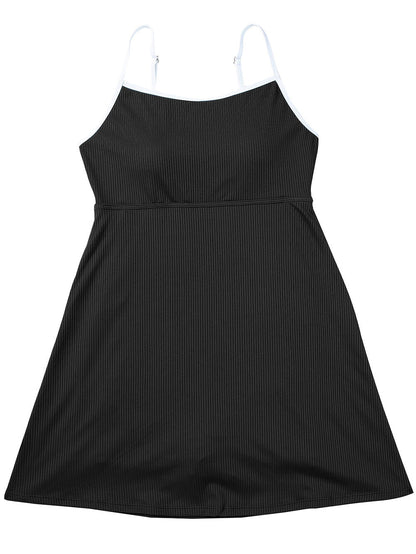 Sporty Black Ribbed Spaghetti Straps Swimdress with Flared Silhouette