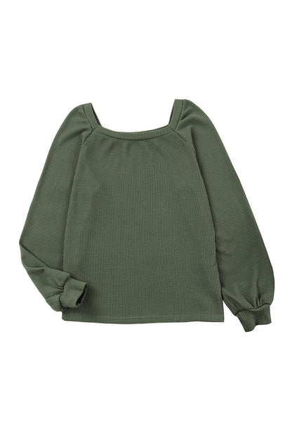 Green Square Neck Loose Fit Waffle Knit Long Sleeve Top