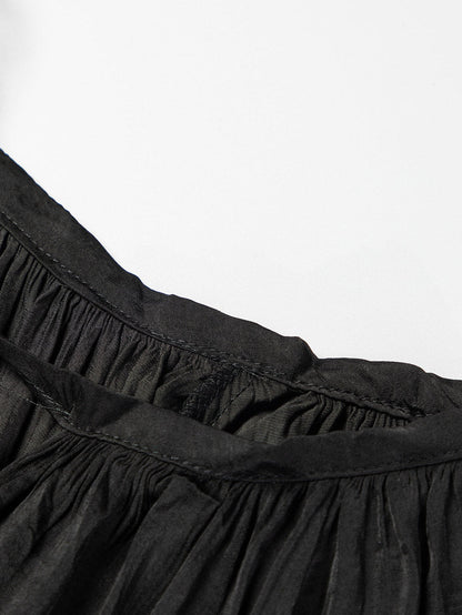 Elegant Black Satin V Neck Pleated Puff Sleeve Blouse