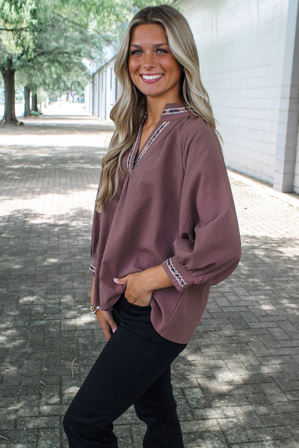 Dark Brown Contrast Leopard Trim Bracelet Sleeve V Neck Textured Top