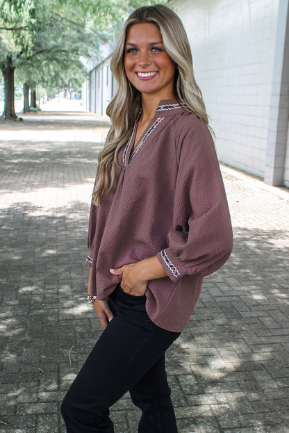 Dark Brown Contrast Leopard Trim Bracelet Sleeve V Neck Textured Top