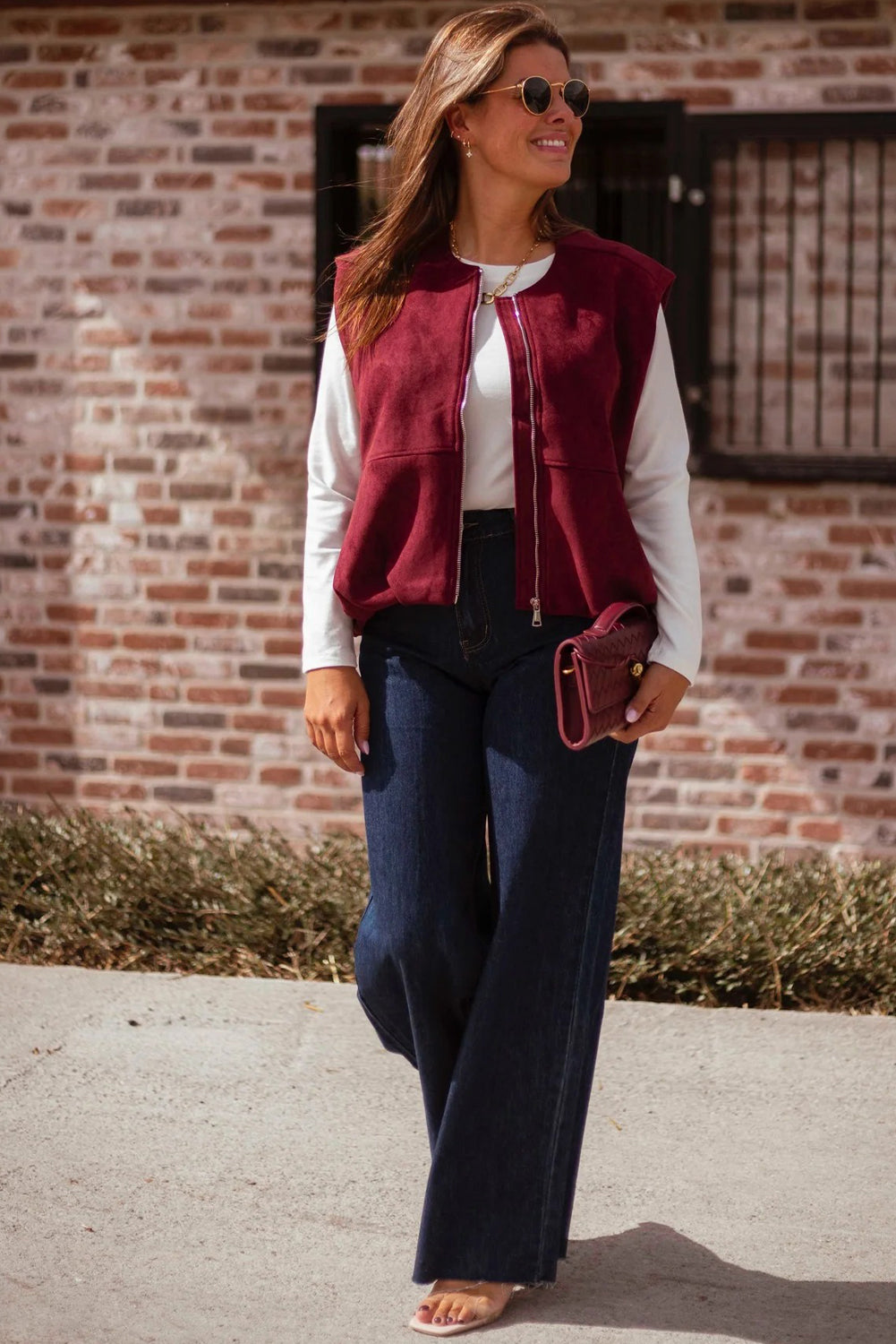 Burgundy Suede Zipped Sleeveless Vest