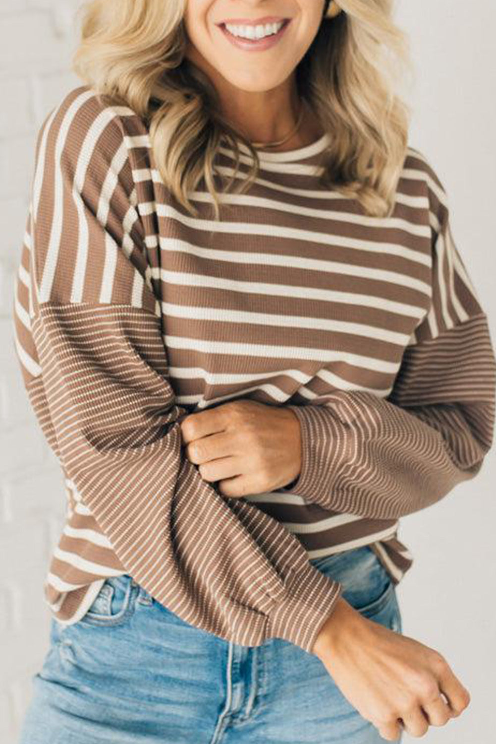 Khaki Stripe Mixed Pattern Thermal Knit Casual Sweatshirt