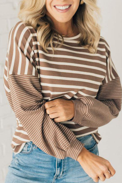 Khaki Stripe Mixed Pattern Thermal Knit Casual Sweatshirt