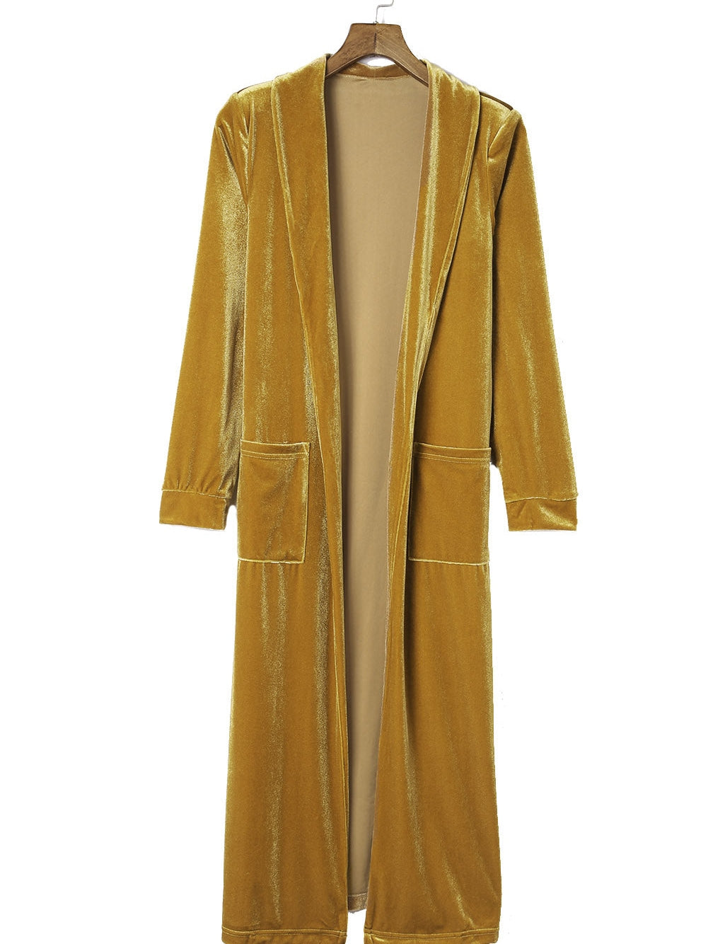 Golden Mustard Plush Open Front Pocketed Maxi Cardigan