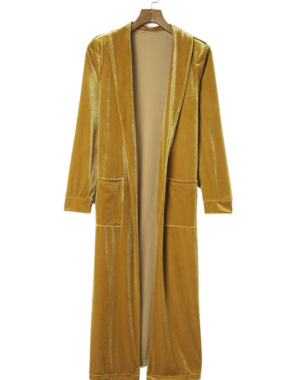 Golden Mustard Plush Open Front Pocketed Maxi Cardigan