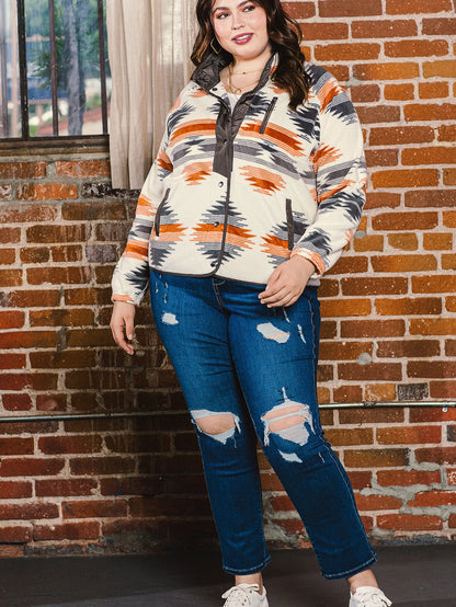 Aztec Print Stand Neck Plus Size Jacket in Grey Geo Patchwork