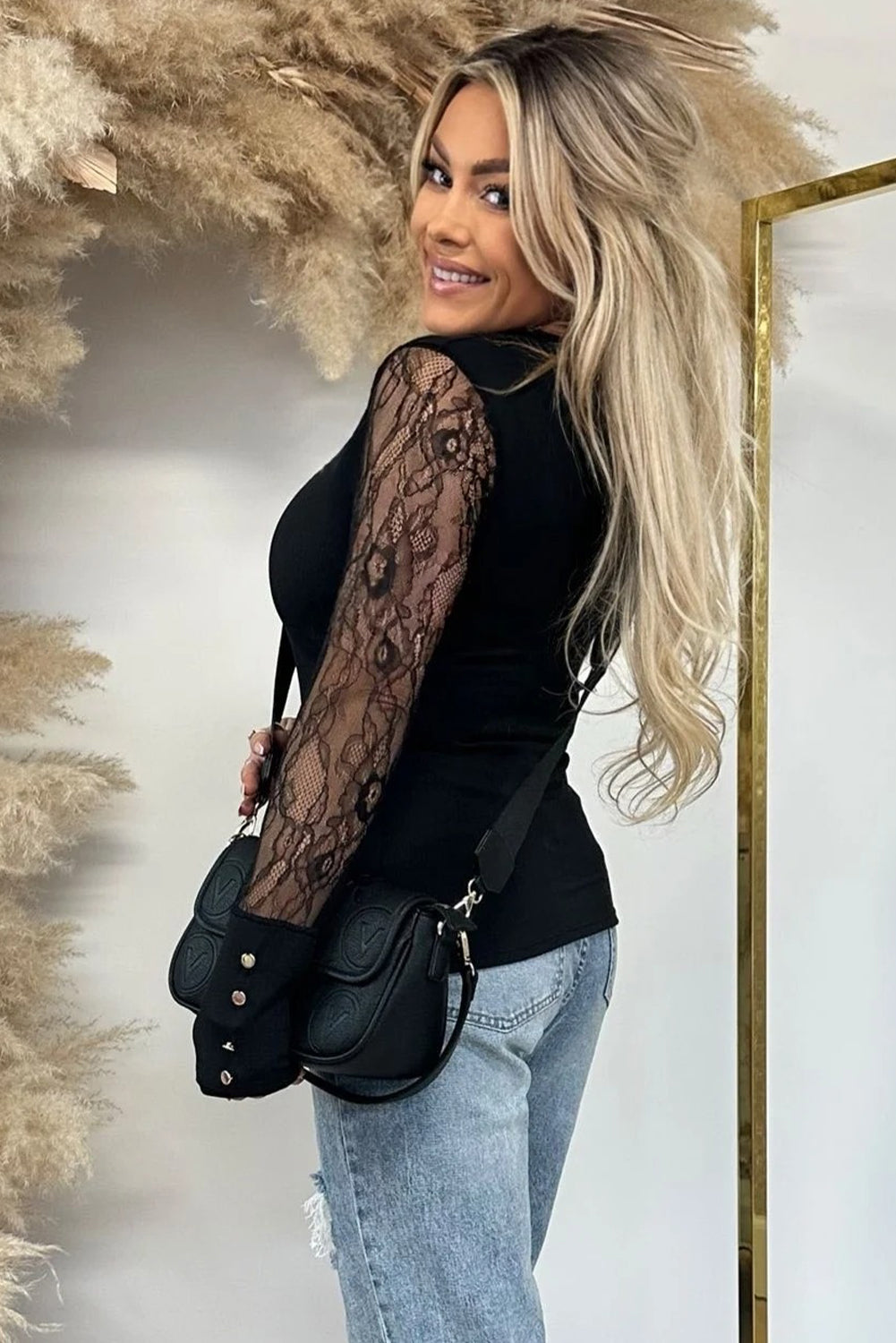 Black Round Neck Ribbed Knit Sheer Lace Patchwork Long Sleeve Top