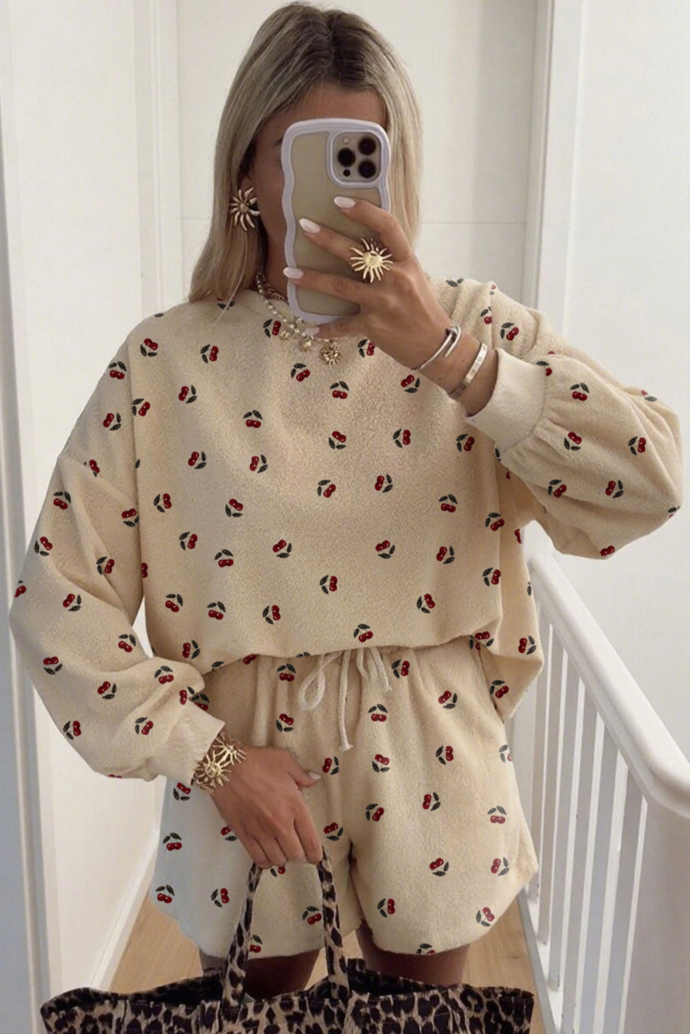 Oatmeal Cherry Print Oversize Top Drawstring Shorts 2pcs Sherpa Set