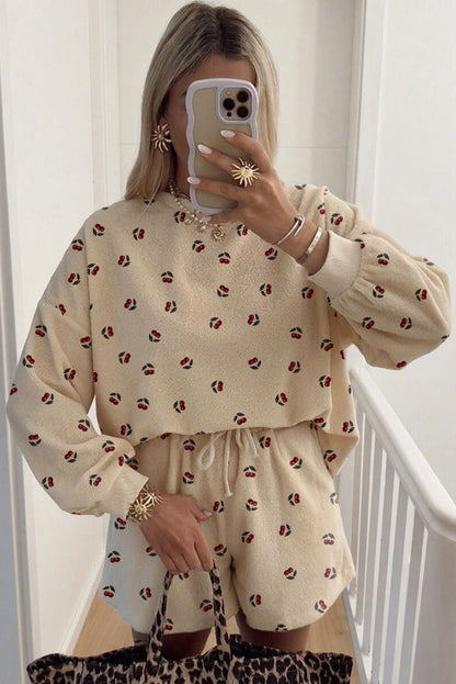 Oatmeal Cherry Print Oversize Top Drawstring Shorts 2pcs Sherpa Set