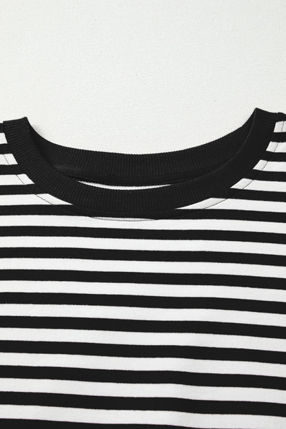 Black Stripe Exposed Seam Drop Shoulder Casual Pullover Top