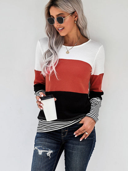 Fashionable Striped Colorblock Top with Long Sleeves