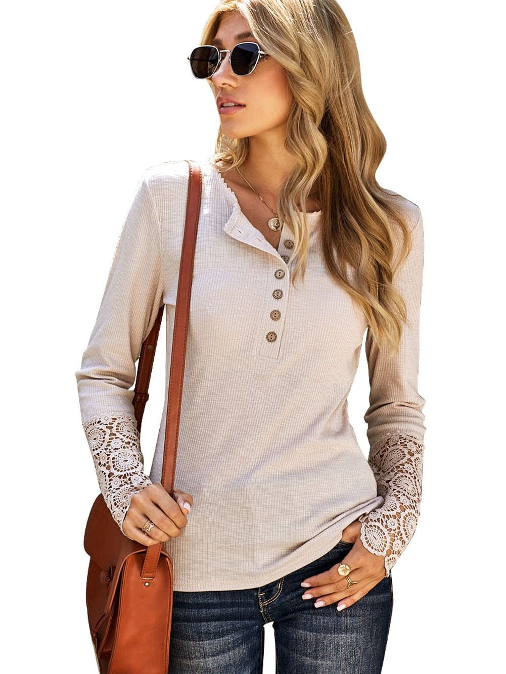 Beige Crochet Lace Sleeve Button Detail Top