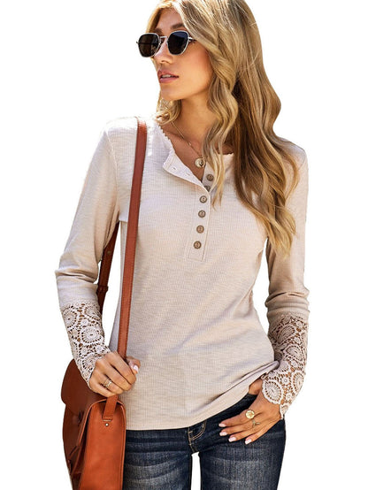 Beige Crochet Lace Sleeve Button Detail Top