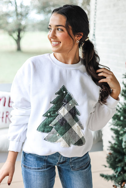 White Pearl Detail Christmas Trees Exposed Seam Patched Sweatshirt