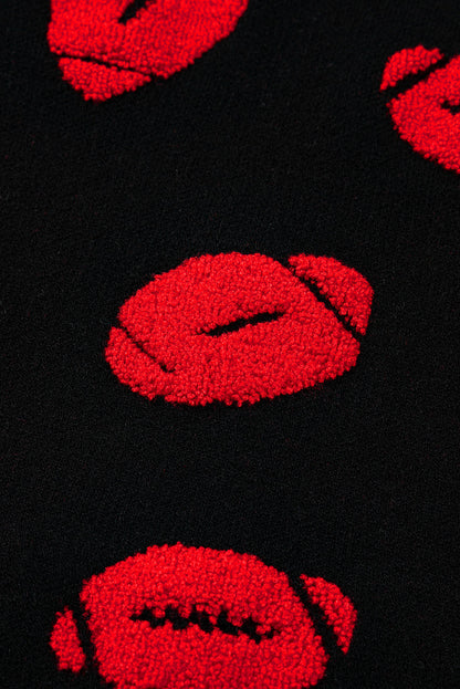 Black Rugby Print Casual Knit Short Sleeve Sweater