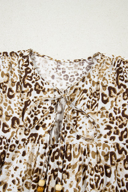 Khaki Leopard Print Long Sleeve Bead Tie V Neck Blouse