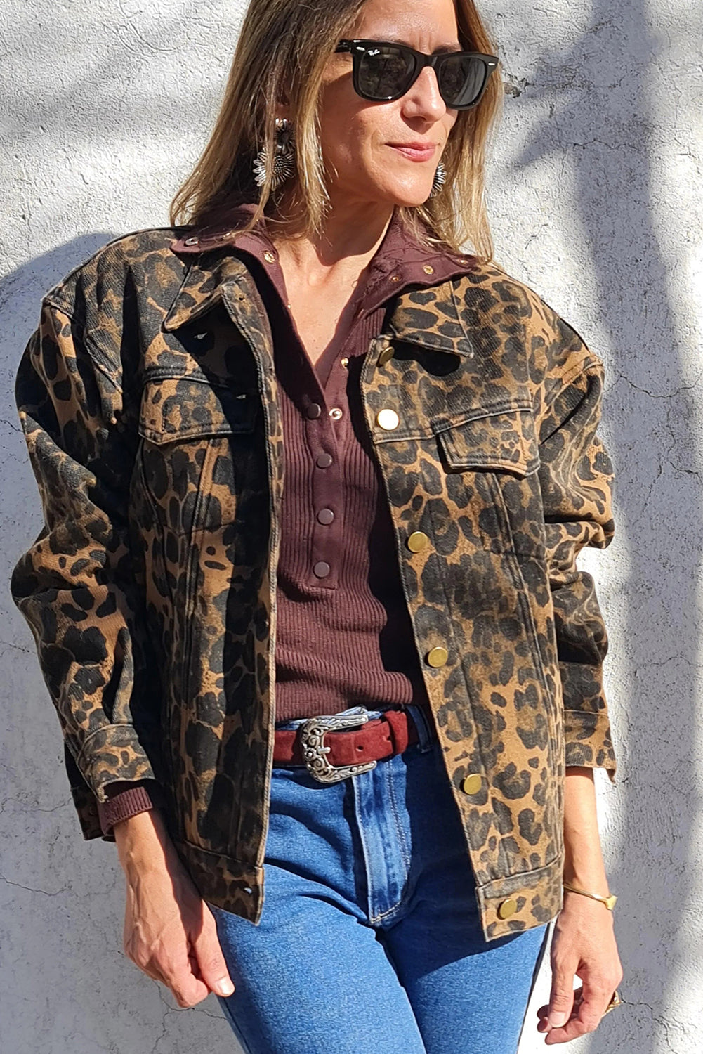Khaki Retro Leopard Print Double Flap Pocket Button Down Denim Jacket