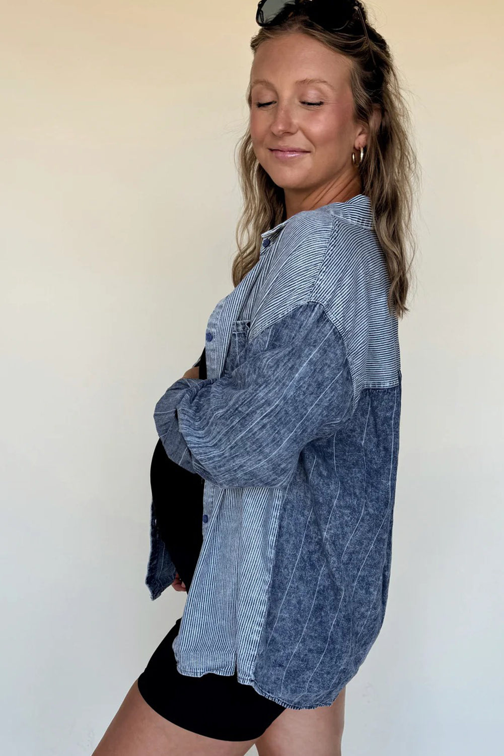 Myosotis Denim Mixed Stripe Patchwork Drop Shoulder Jacket