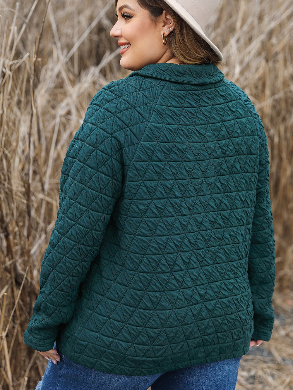 Blackish Green Plus Size Quarter Buttoned Pocketed Quilted Sweatshirt