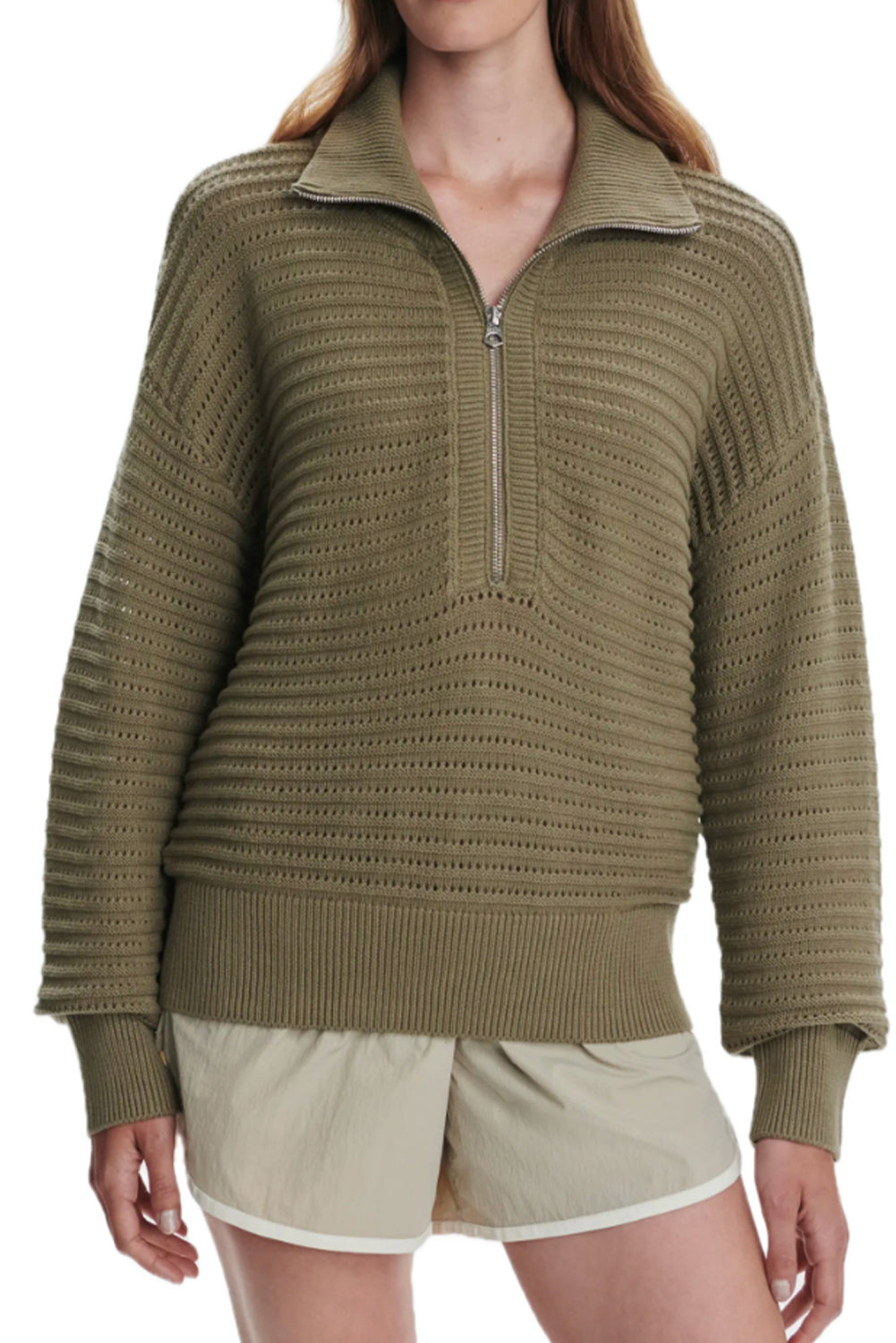 Sage Green Half Zip Ribbed Collar Pointelle Knit Loose Sweater