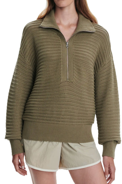 Sage Green Half Zip Ribbed Collar Pointelle Knit Loose Sweater