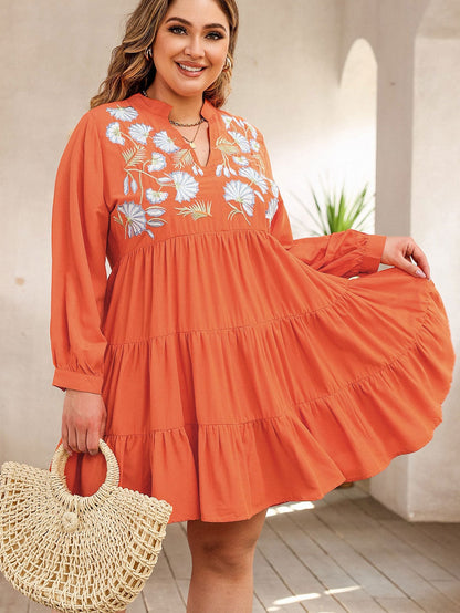 Orange Plus Size Embroidered Tiered Ruffle Dress