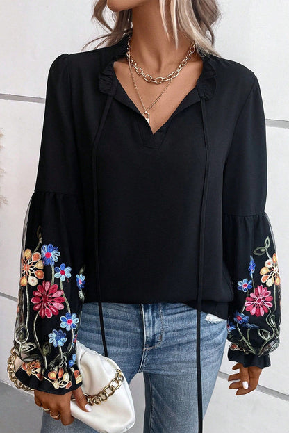 Elegant Black Floral Embroidered Flounce Sleeve Blouse with Split V-Neck
