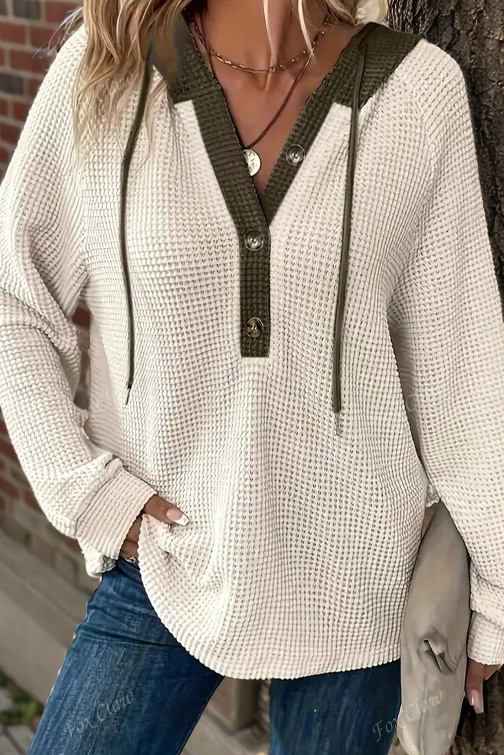 White Waffle Contrast Half Buttoned Hooded Pullover Top