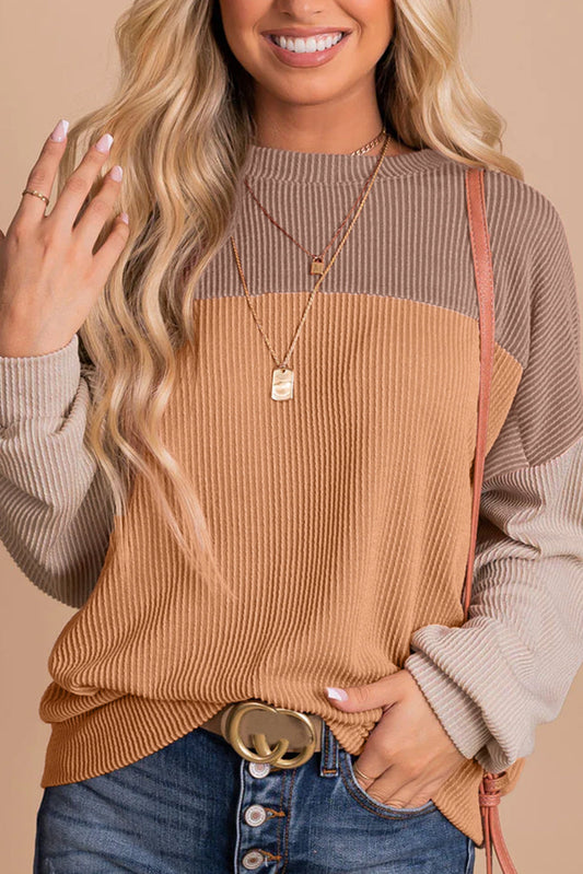 Khaki Color Block Ribbed Top with Long Sleeves