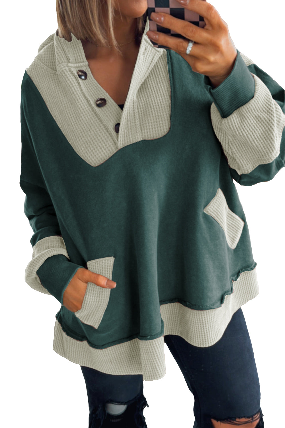 Blackish Green Waffle Contrast Patchwork Plus Size Pocketed Hoodie